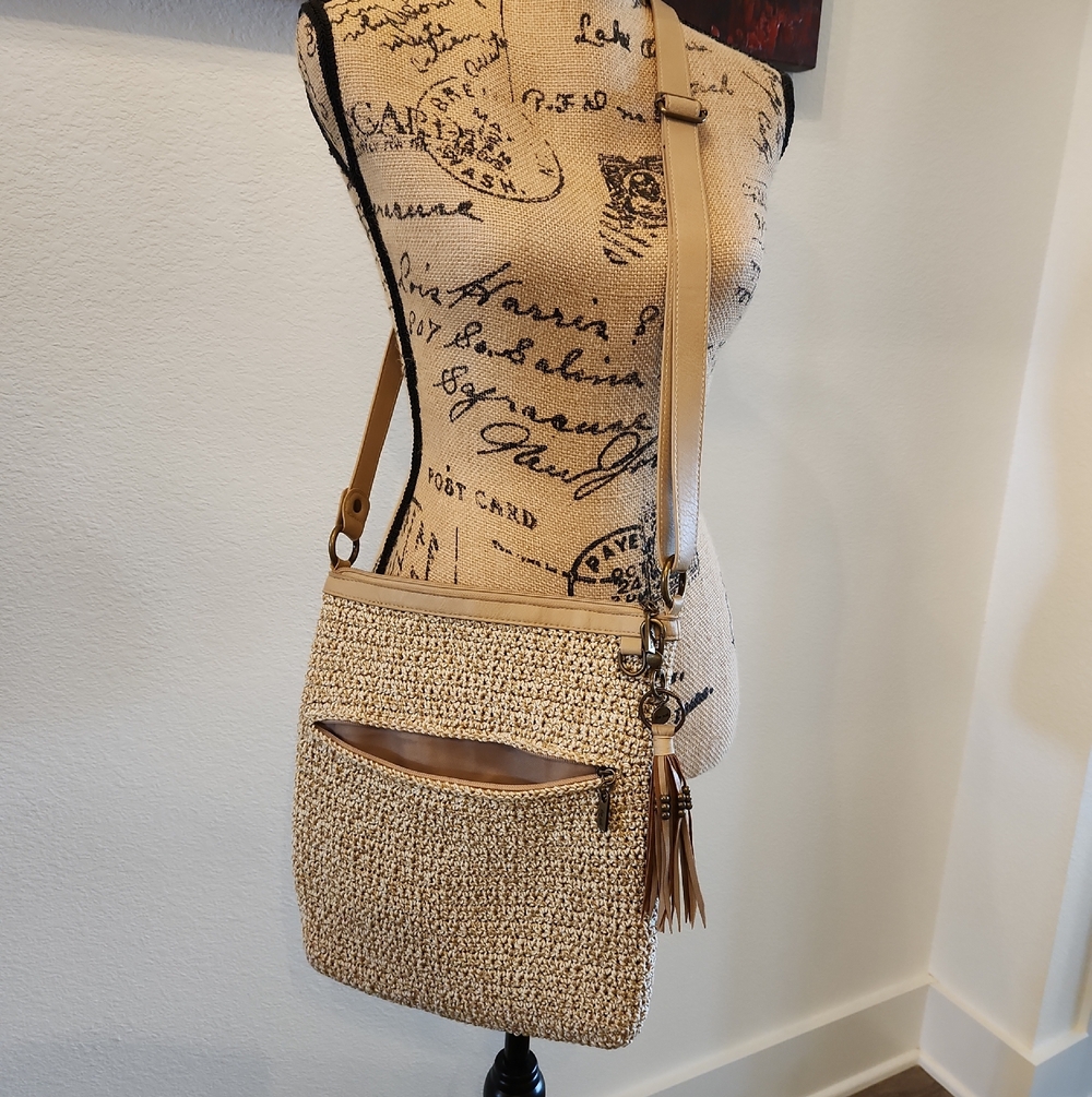 The Sak Tan Woven Crossbody with Tassel Accent
